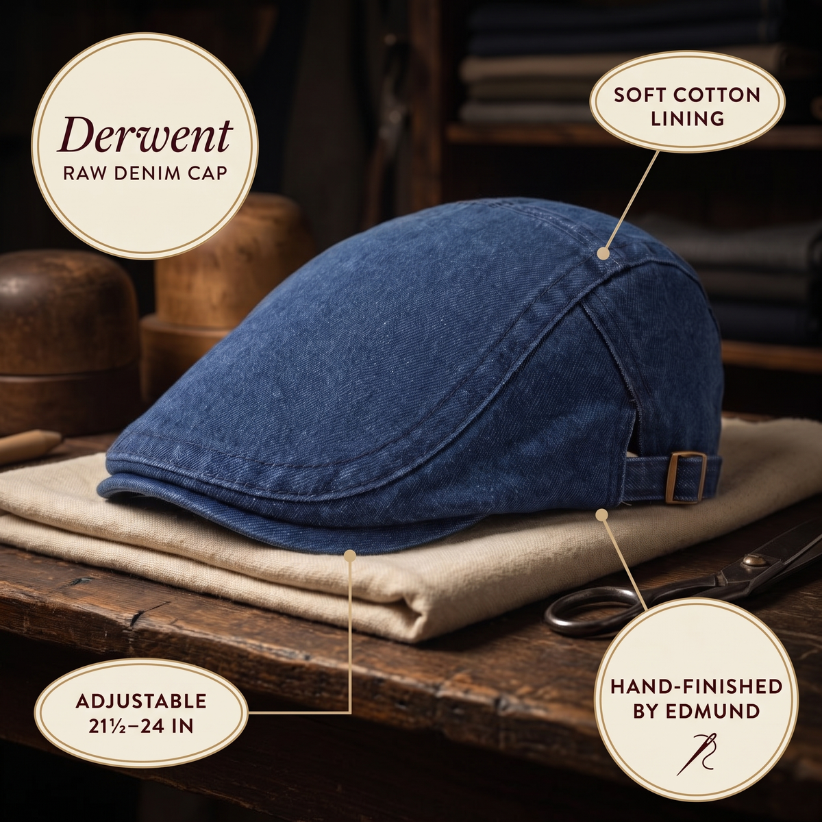 Raw Denim Cap — DERWENT — details