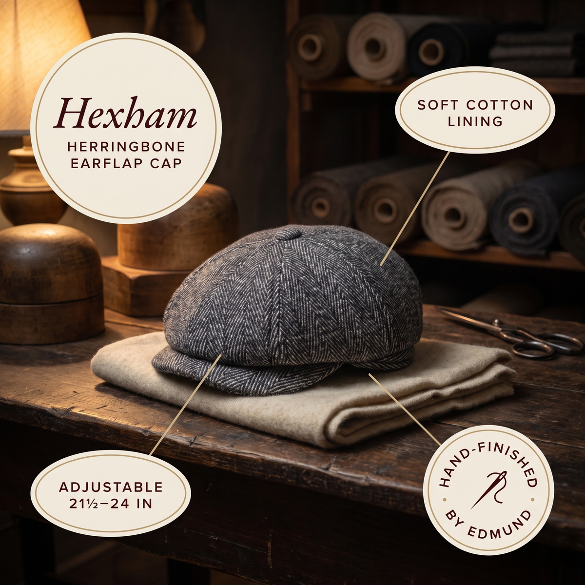 Herringbone Earflap Cap — HEXHAM — details