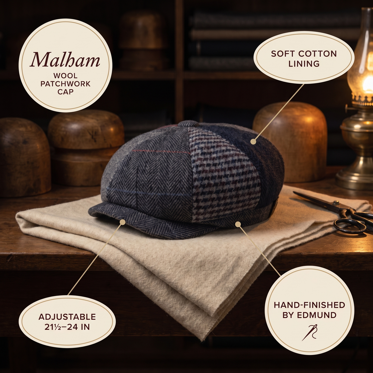 Wool Patchwork Cap — MALHAM — details