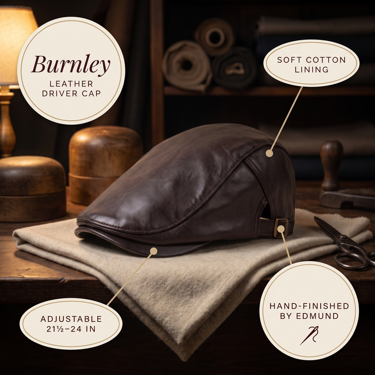 Leather Driver Cap — BURNLEY — details