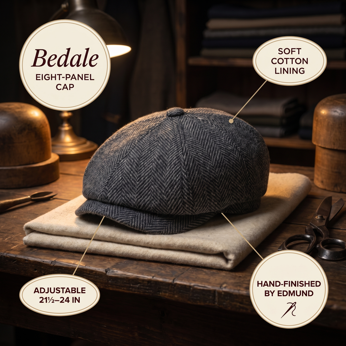 Eight-Panel Cap — BEDALE — details