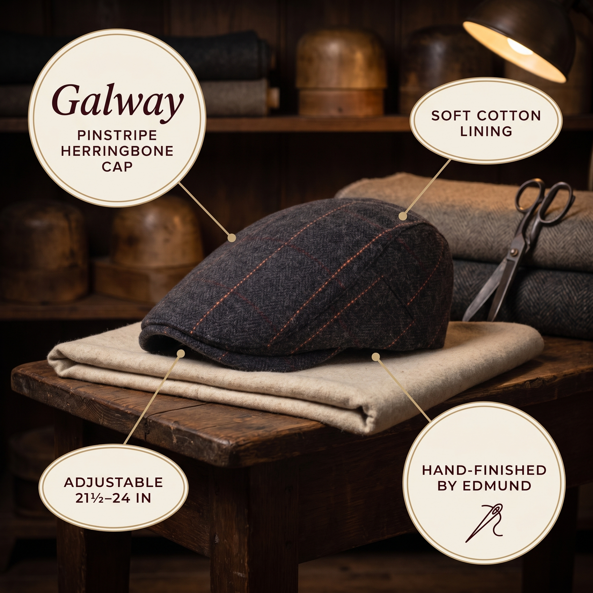 Pinstripe Herringbone Cap — GALWAY — details