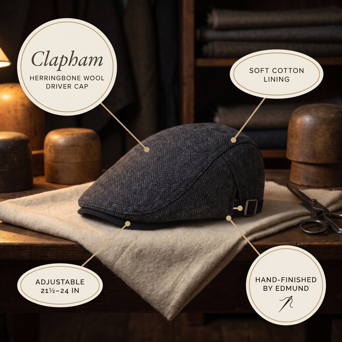 Herringbone Wool Driver Cap — CLAPHAM — details