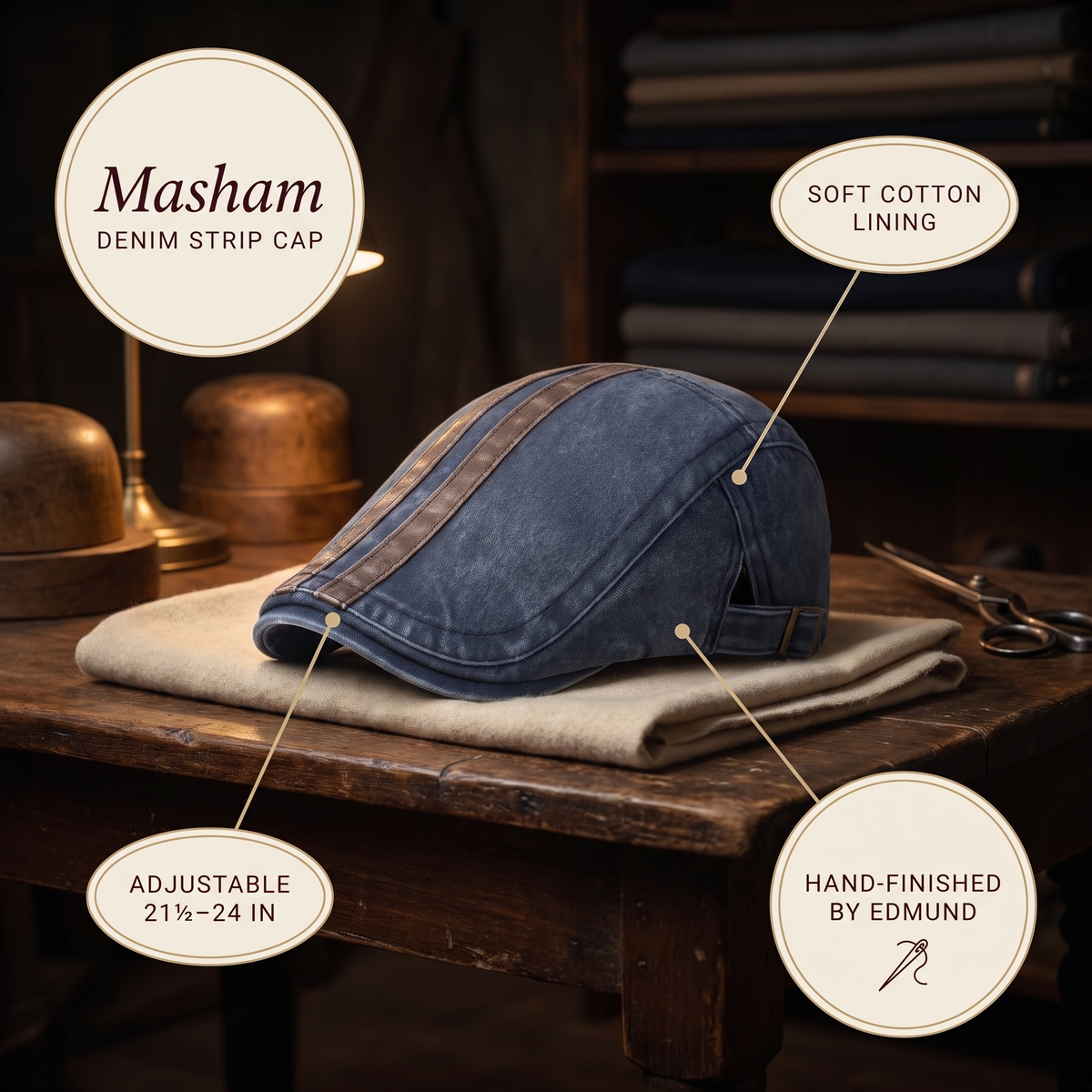 Denim Strip Cap — MASHAM — details