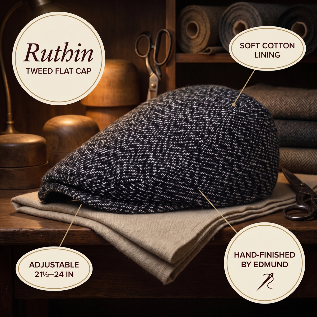 Tweed Flat Cap — RUTHIN — details