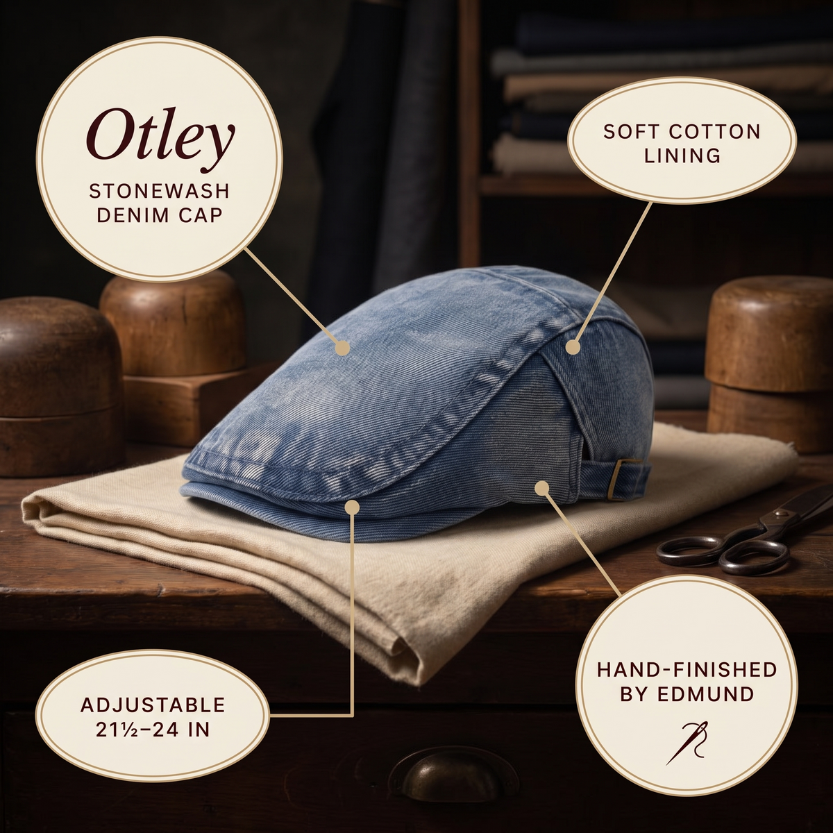 Stonewash Denim Cap — OTLEY — details