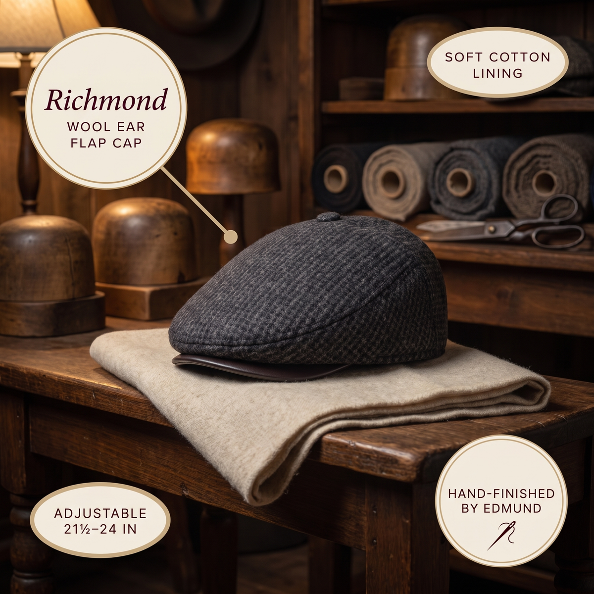 Wool Ear Flap Cap — RICHMOND — details