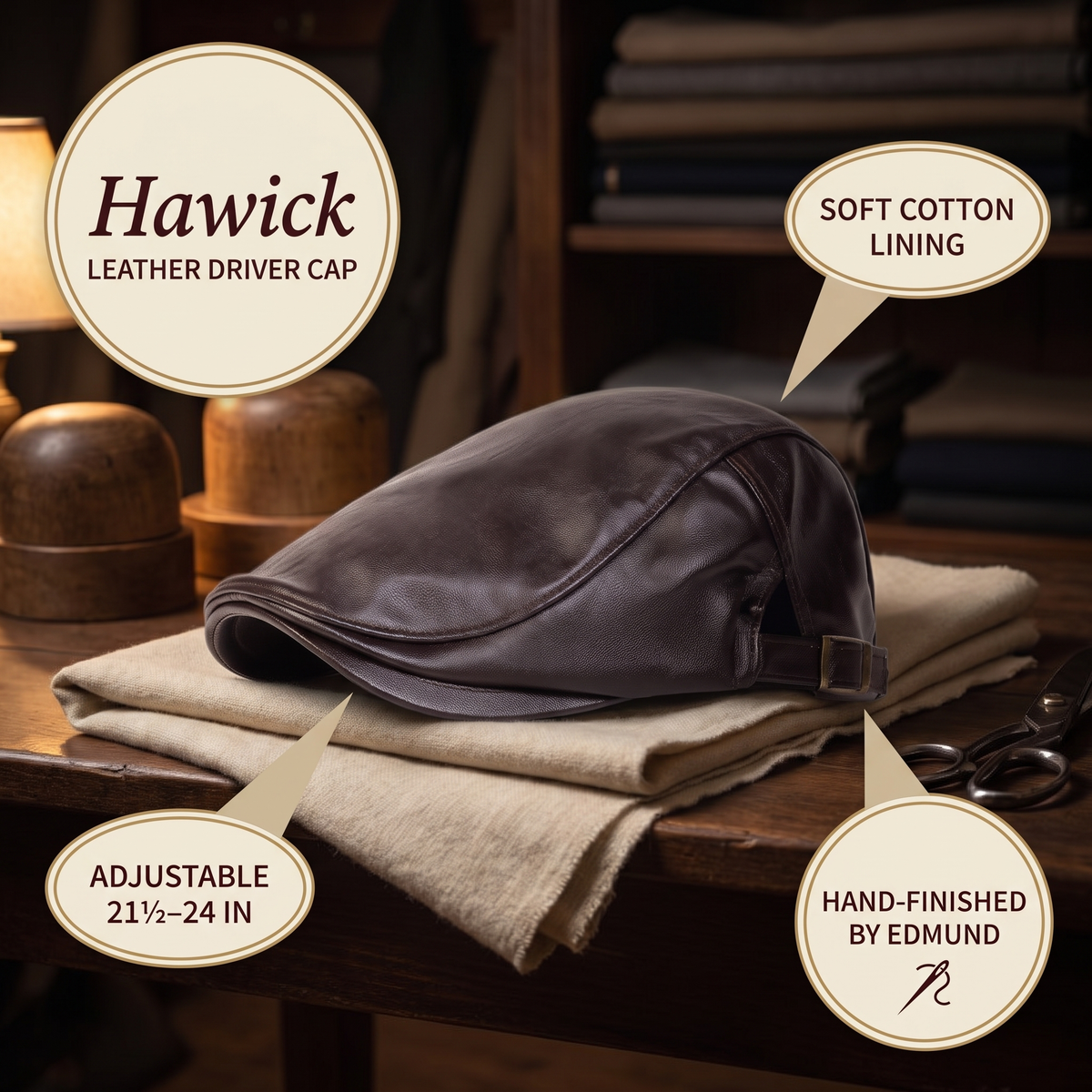 Leather Driver Cap — HAWICK — details