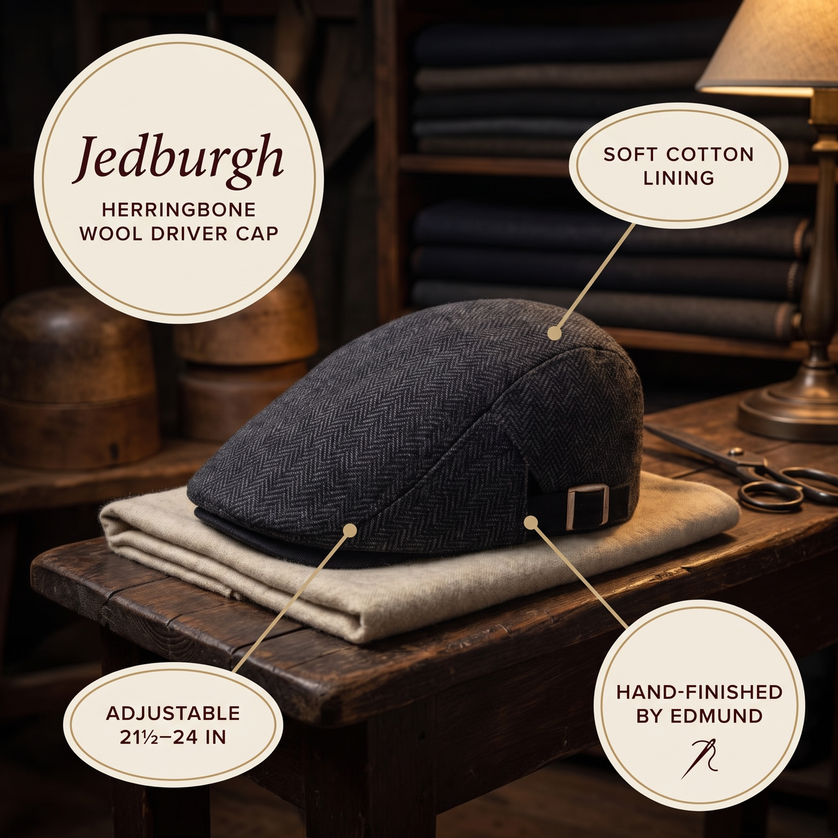 Herringbone Wool Driver Cap — JEDBURGH — details