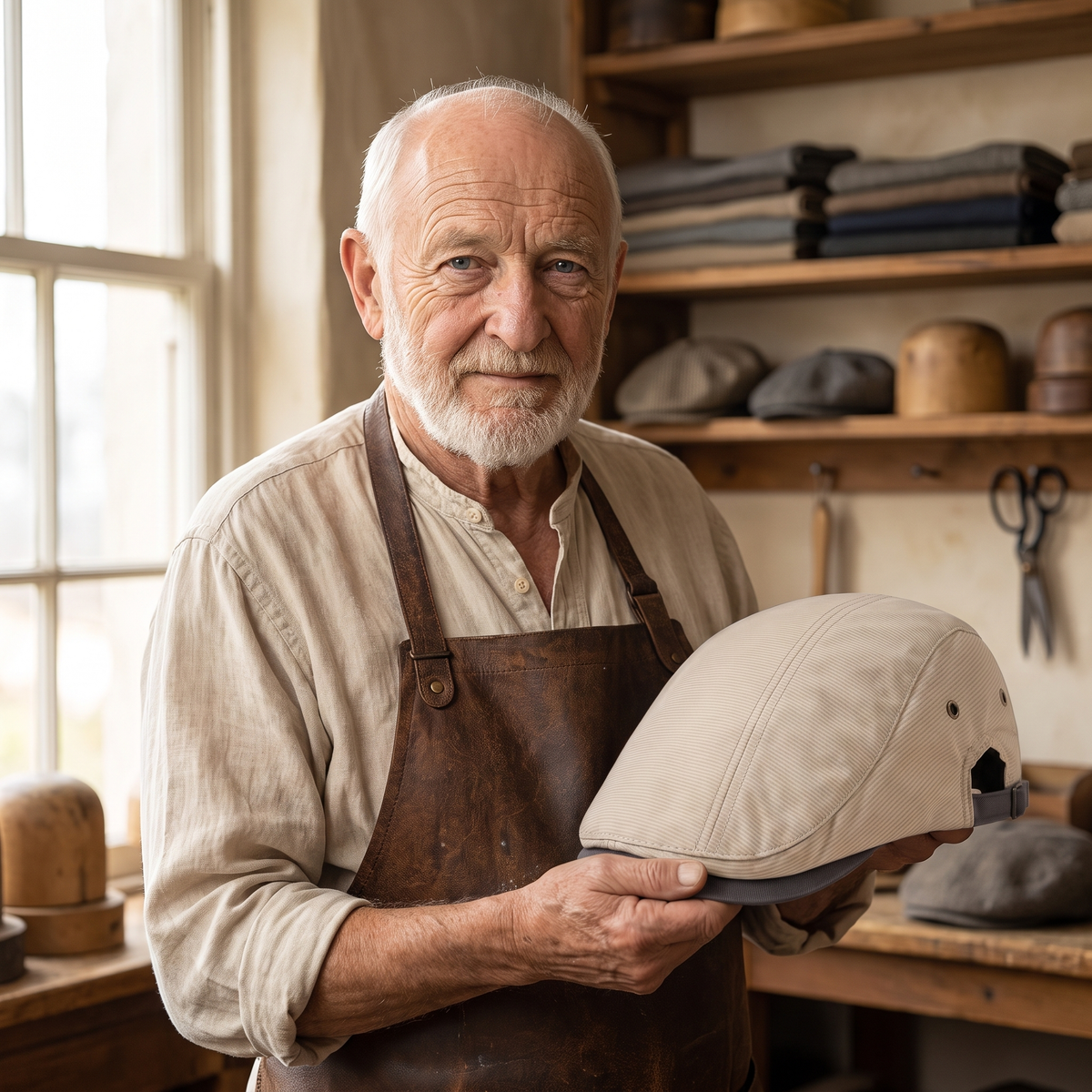 Pinstripe Cotton Cap — MARSDEN — Edmund in his workshop