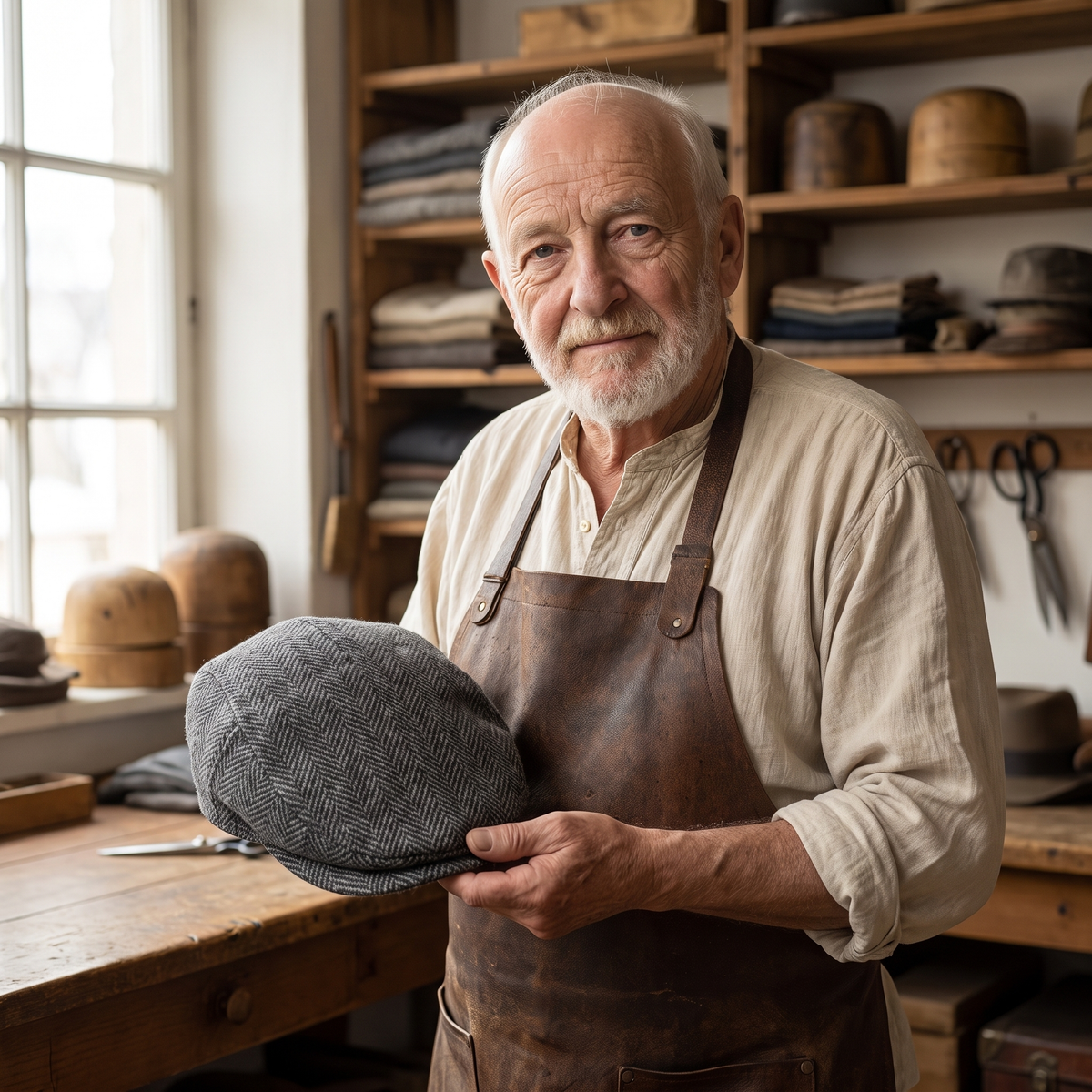 Herringbone Wool Cap — INGLETON — Edmund in his workshop