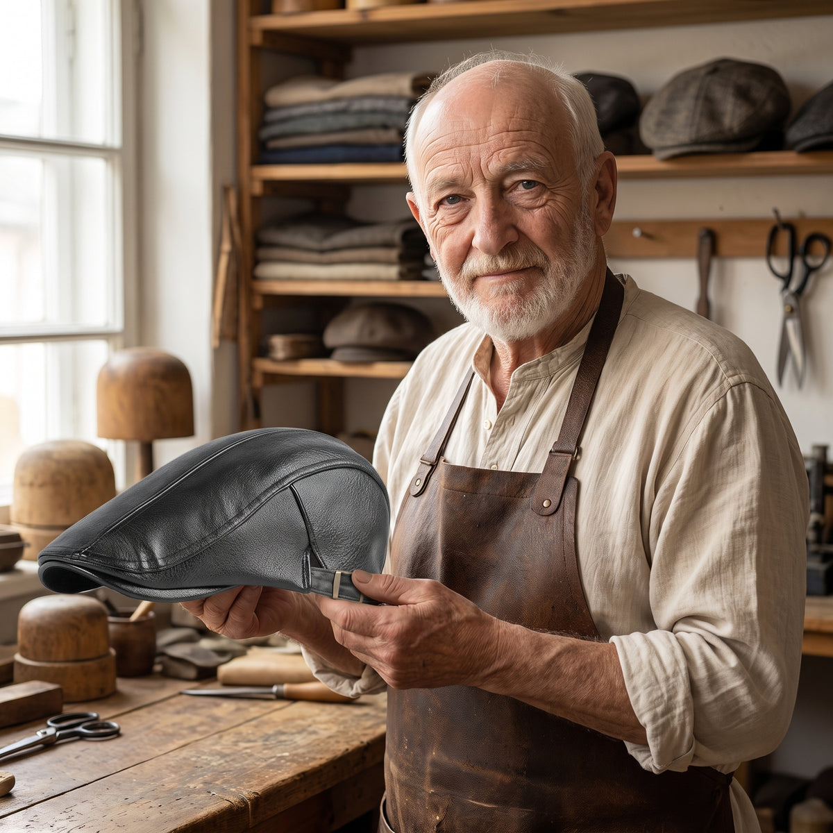 Heritage Leather Cap — STIRLING — Edmund in his workshop