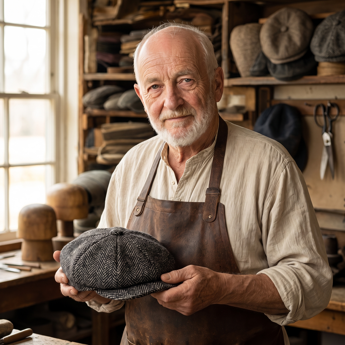 Tweed Newsboy Cap — SETTLE — Edmund in his workshop