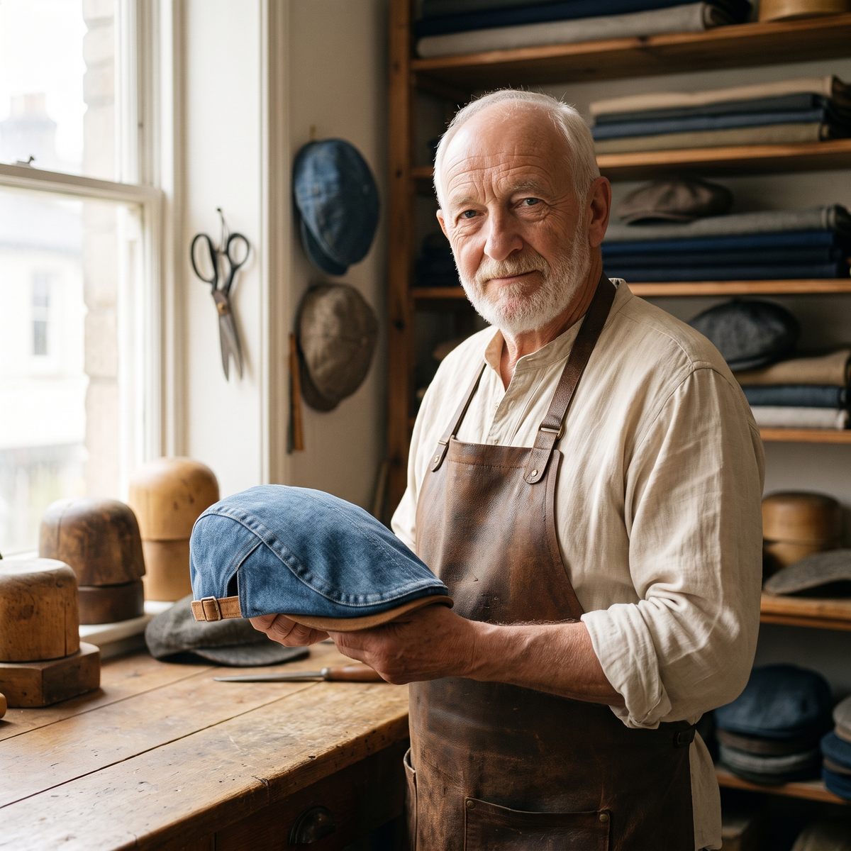 Denim Workwear Cap — ASHBOURNE — Edmund in his workshop