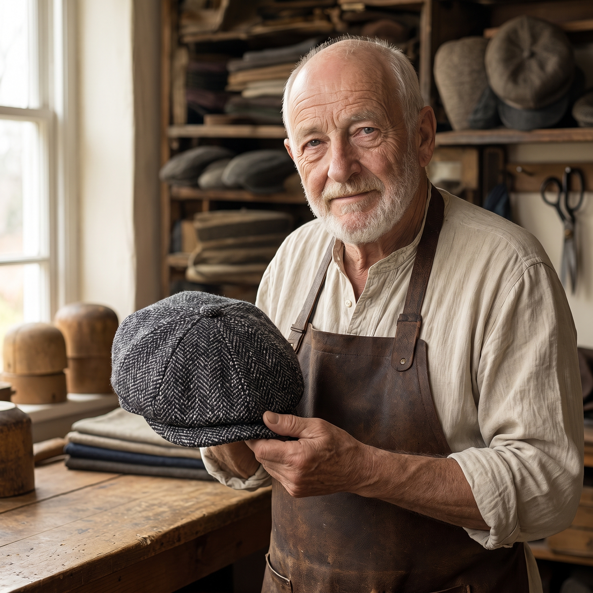 Tweed Flat Cap — TENBY — Edmund in his workshop