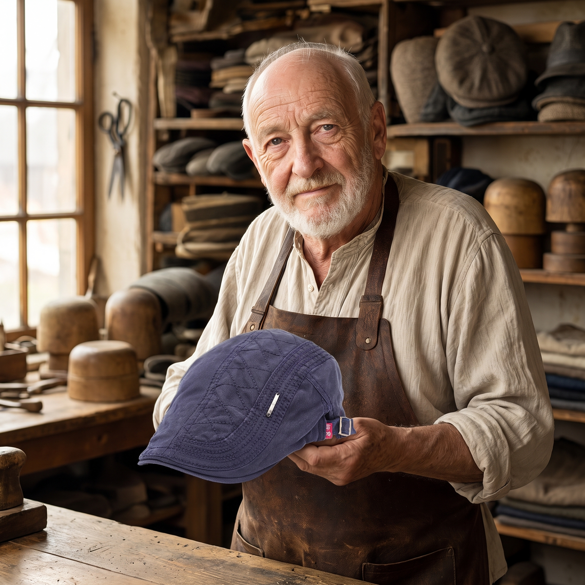 Quilted Cotton Cap — PENRITH — Edmund in his workshop