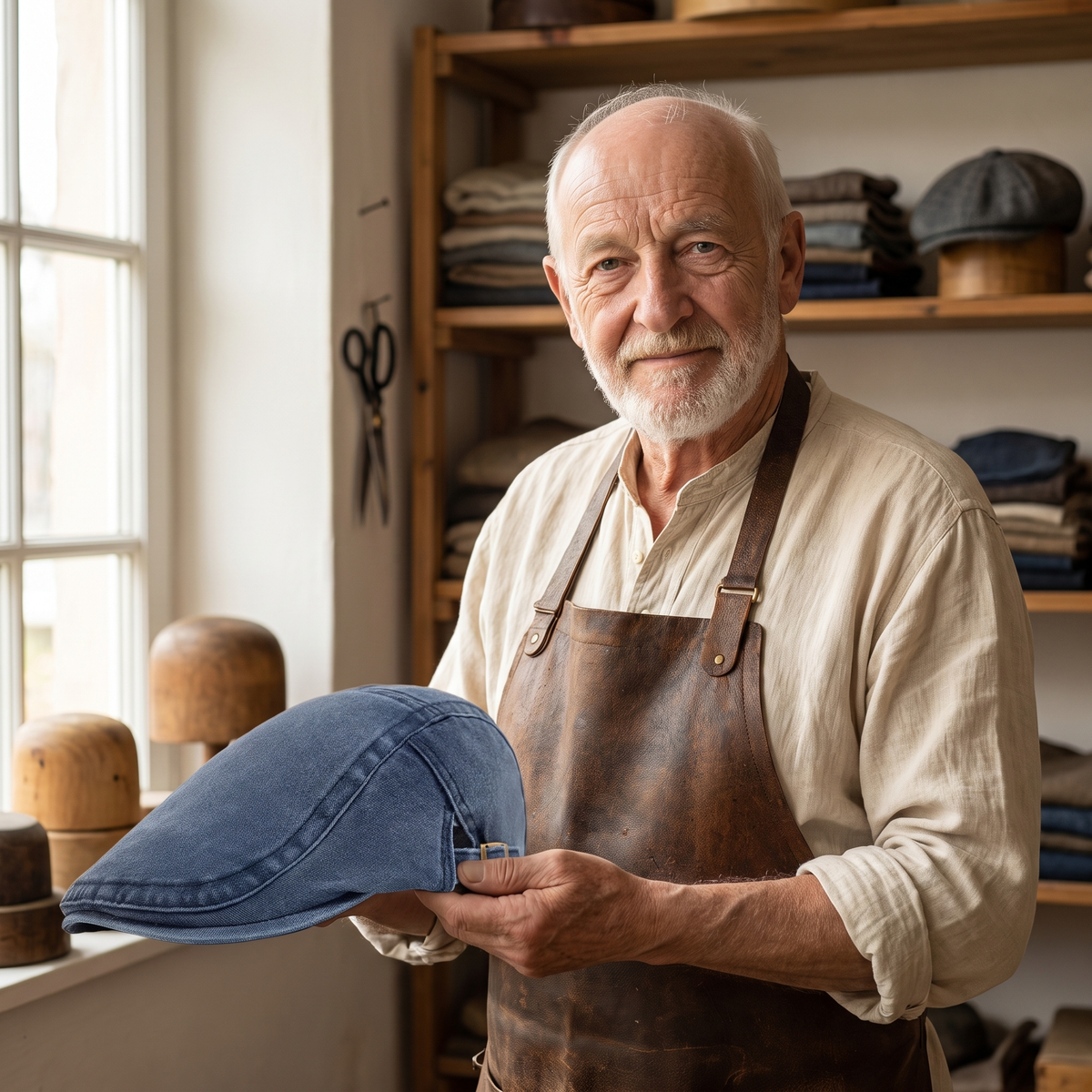 Denim Vintage Cap — LEEK — Edmund in his workshop
