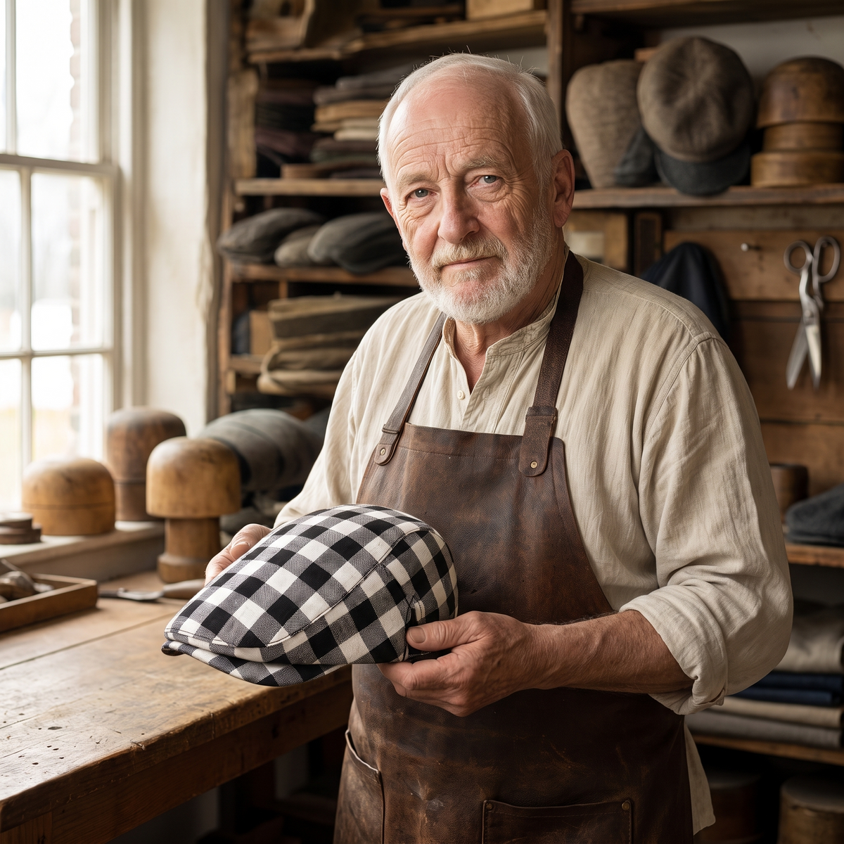 Wool Herringbone Flat Cap — KENDAL — Edmund in his workshop