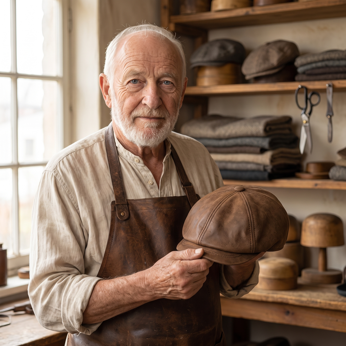 Warm Leather Blend Cap — REETH — Edmund in his workshop