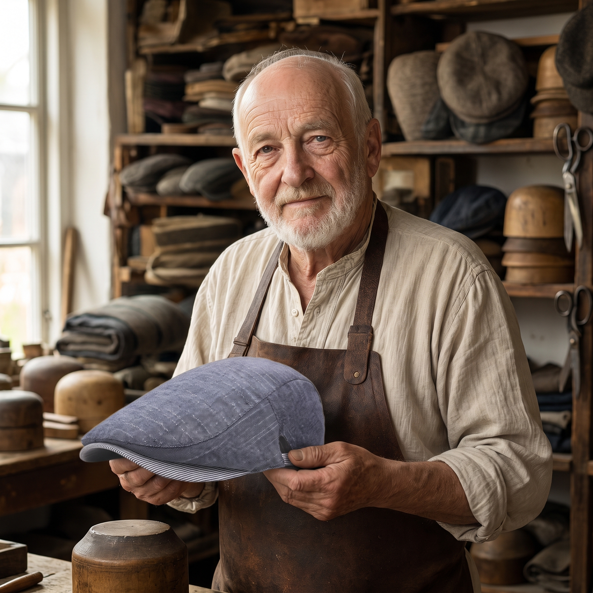 Coastal Linen Cap — KENMARE — Edmund in his workshop