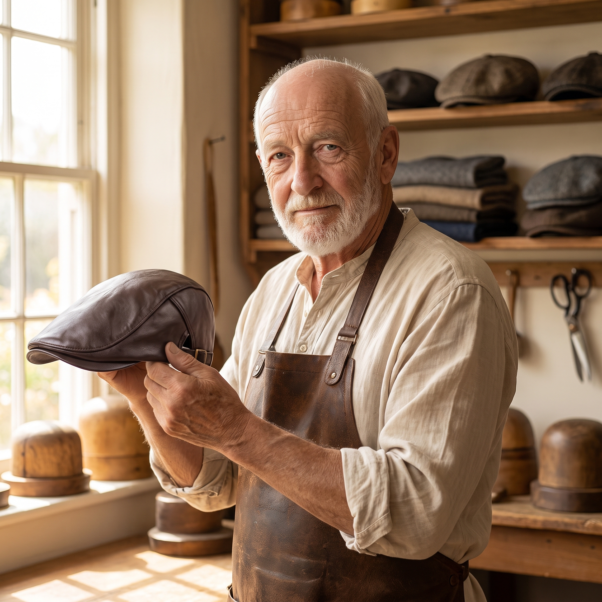Leather Driver Cap — BURNLEY — Edmund in his workshop