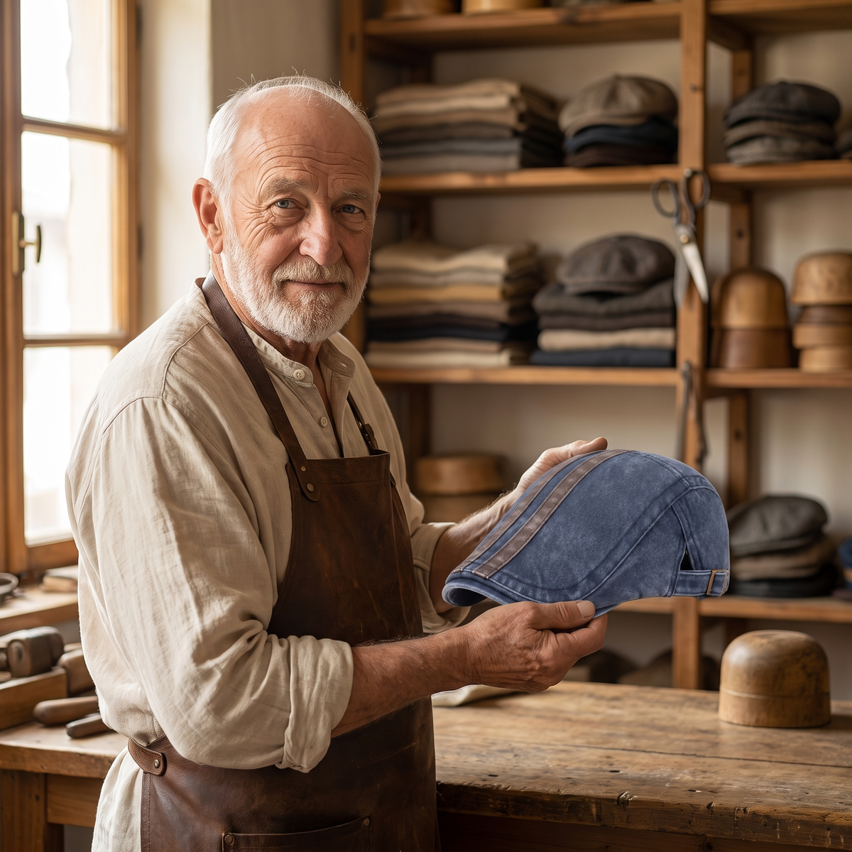 Denim Strip Cap — MASHAM — Edmund in his workshop