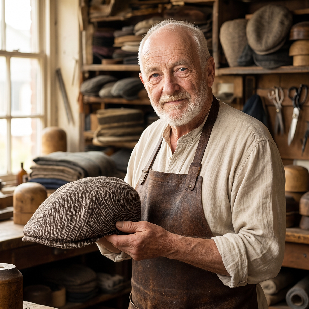 Herringbone Bush Cap — HAWES — Edmund in his workshop