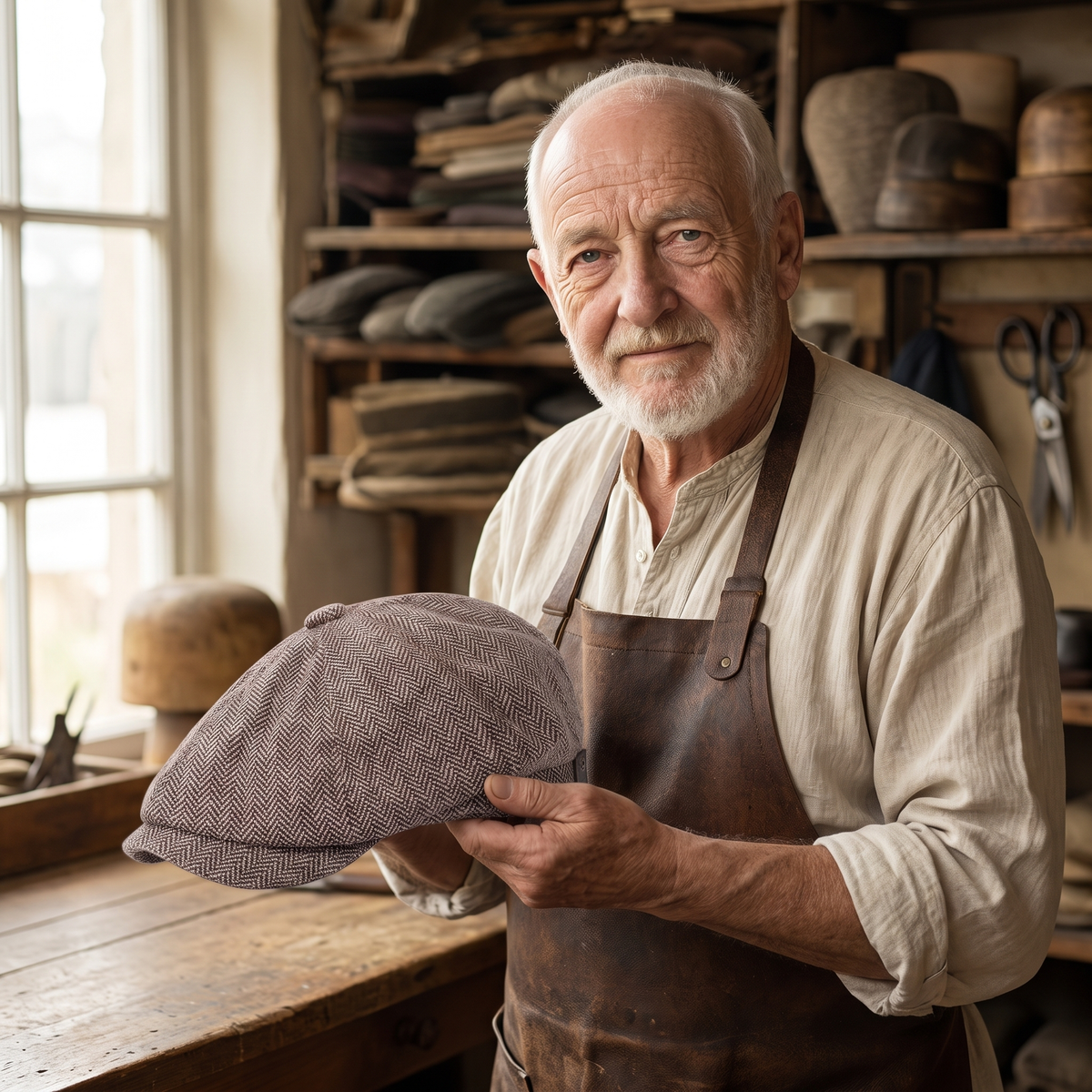 Herringbone Wool Cap — DUMFRIES — Edmund in his workshop