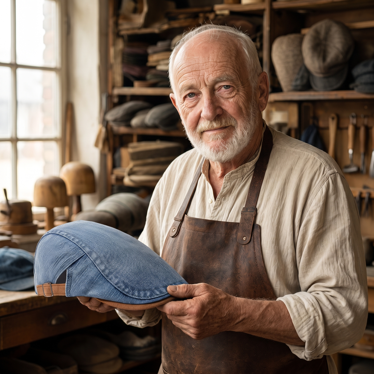 Denim Workwear Cap — BRECHIN — Edmund in his workshop