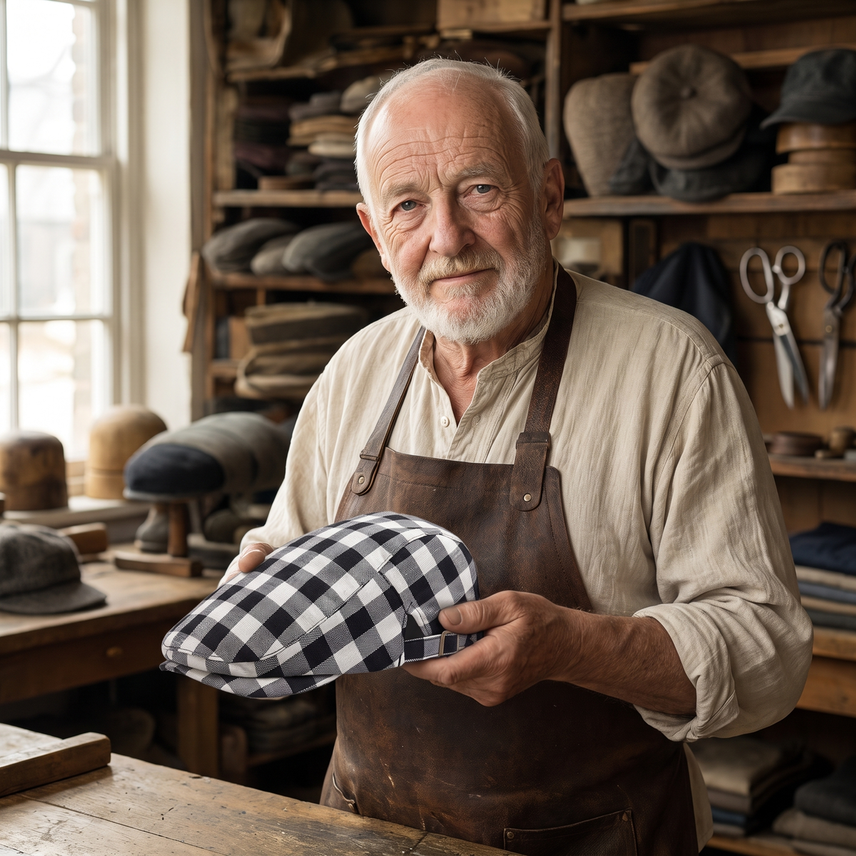 Vichy Check Cap — BALA — Edmund in his workshop