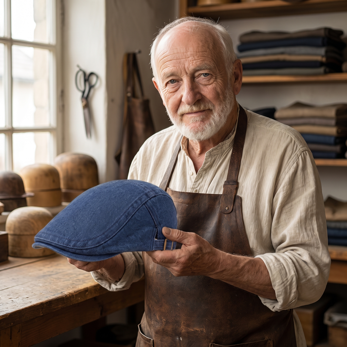 Raw Denim Cap — DERWENT — Edmund in his workshop