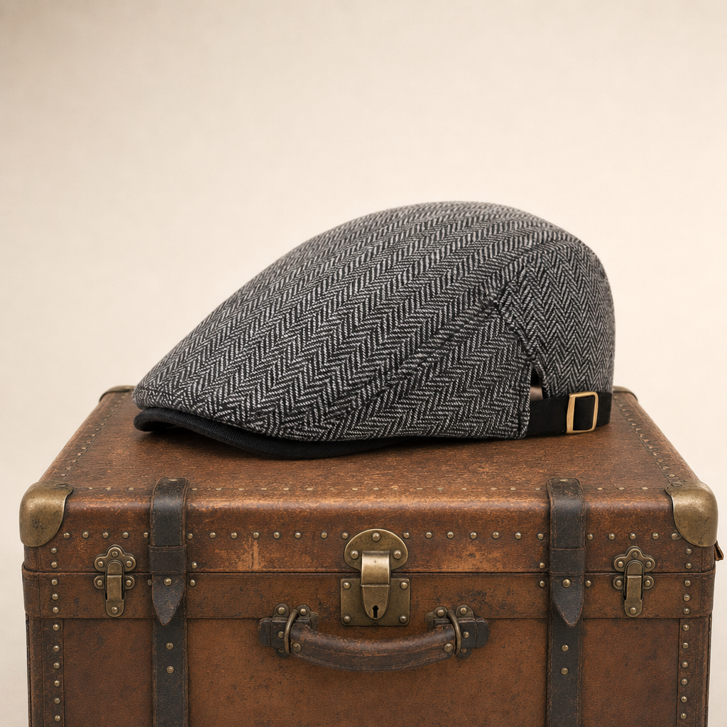 Herringbone Wool Driver Cap — CLAPHAM — Ash Grey