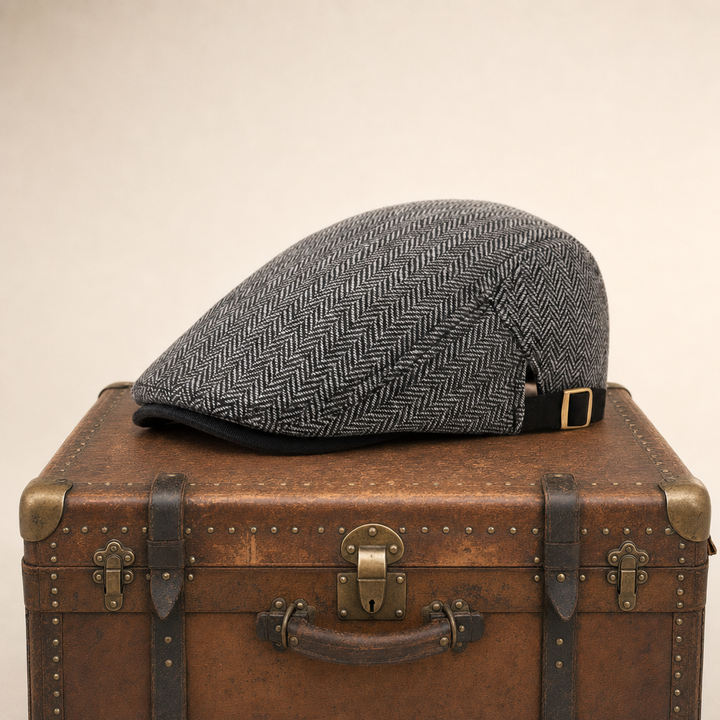 Herringbone Wool Driver Cap — CLAPHAM — Ash Grey