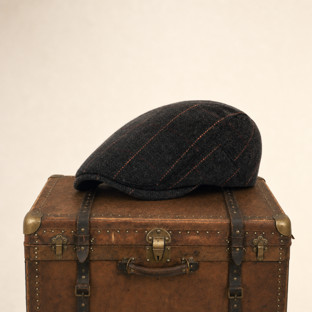 Pinstripe Herringbone Cap — APPLEBY — Coal Black