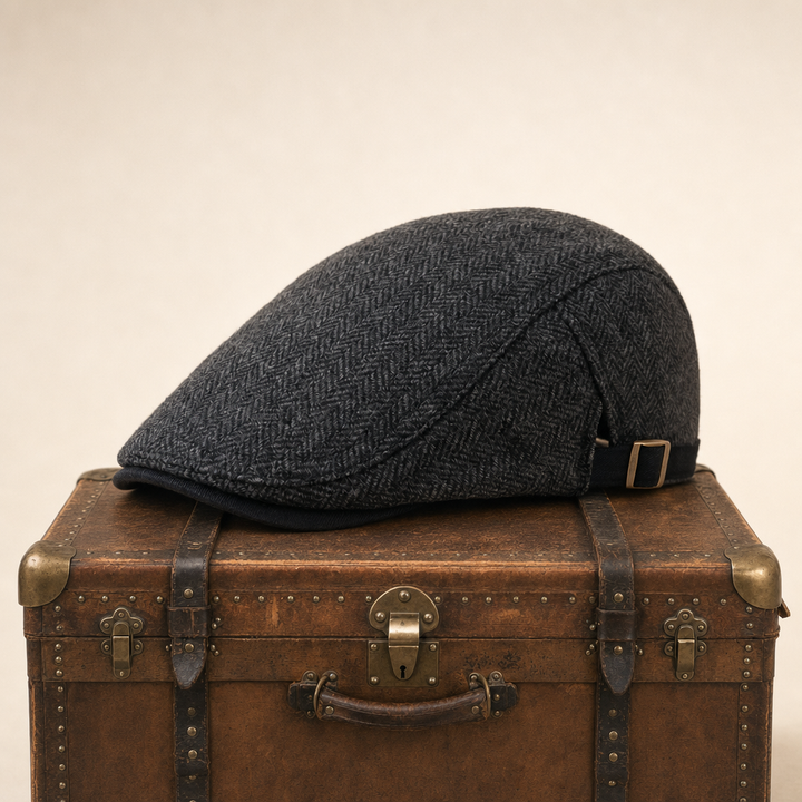 Herringbone Wool Driver Cap — CLAPHAM — Coal Black
