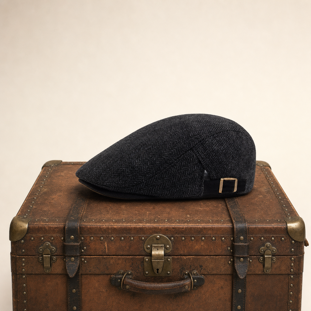 Herringbone Wool Driver Cap — JEDBURGH — Coal Black