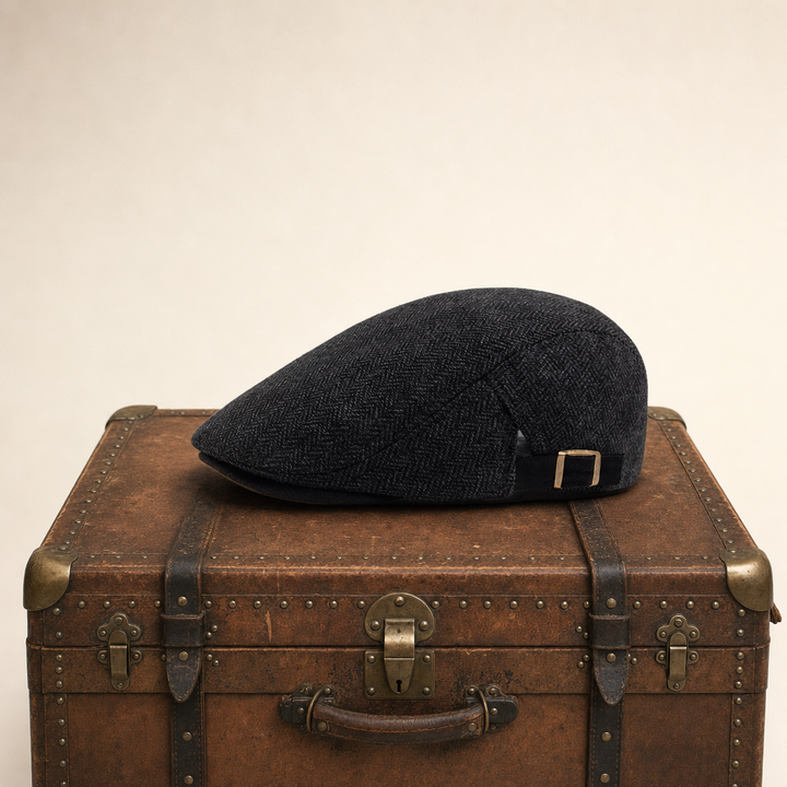 Herringbone Wool Driver Cap — JEDBURGH — Coal Black