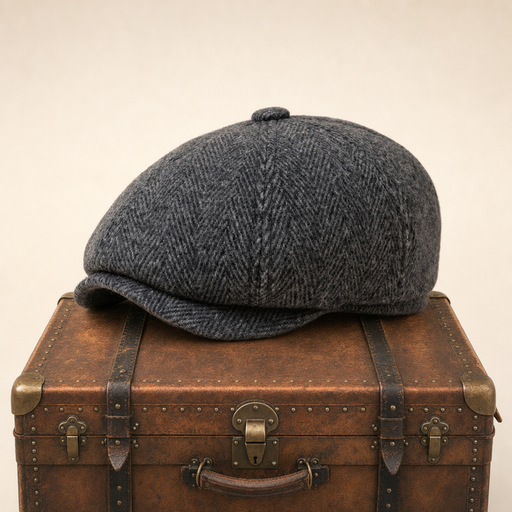 Herringbone Earflap Cap — HEXHAM — Dark Grey
