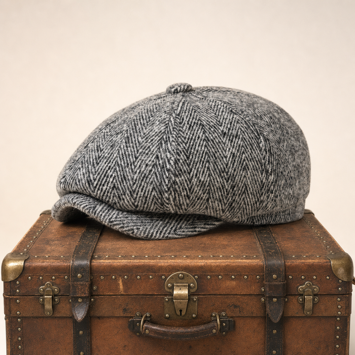 Herringbone Earflap Cap — HEXHAM — Light Grey