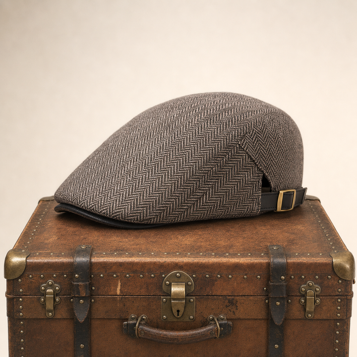 Herringbone Wool Driver Cap — CLAPHAM — Tobacco Brown